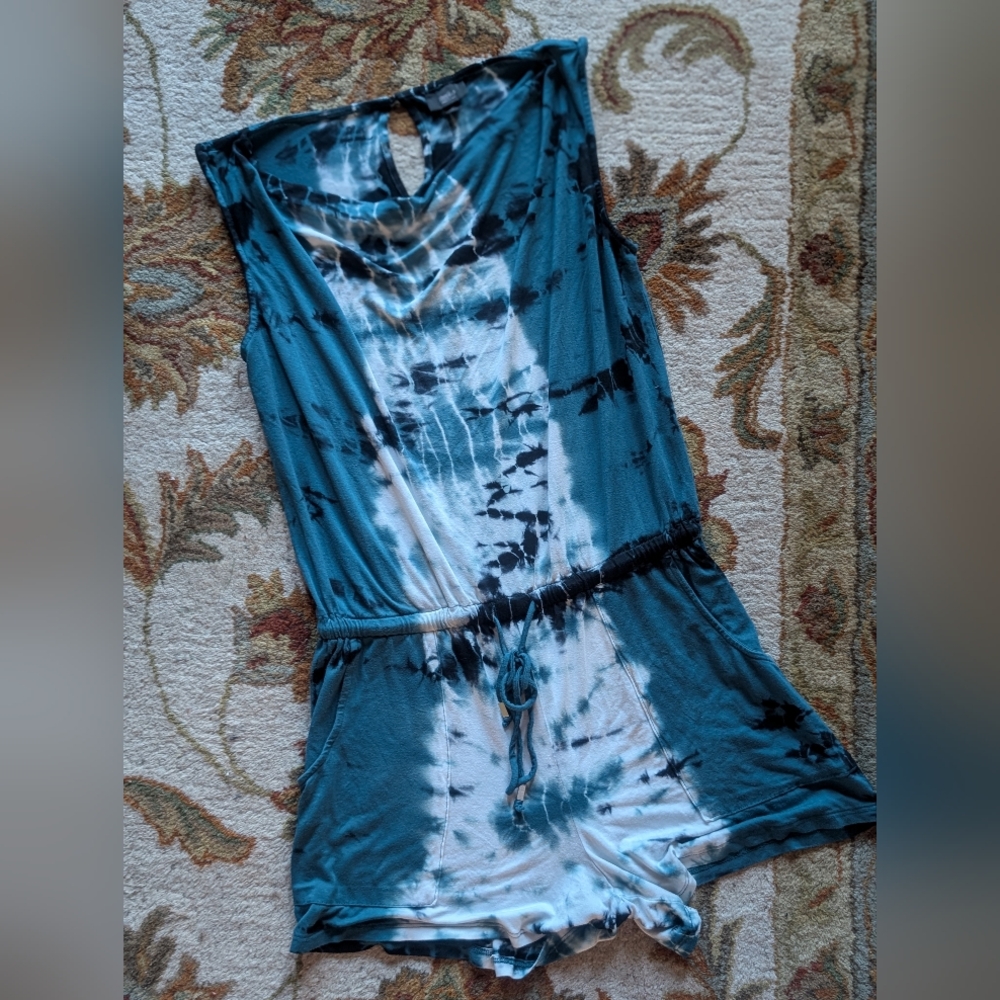 Tie-Dye Teal and White Romper with drawstring waist and beautiful cowl neckline